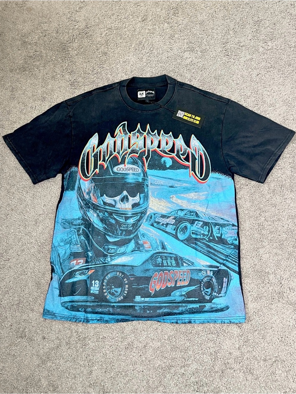 NEW Mens Godspeed Skeleton racer print Tee Washed Short sleeved T-shirt